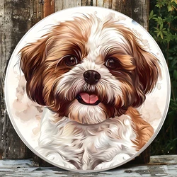 Cute Aluminum Metal Sign, Cute, Brown and White, Shih Tzu Dog Portrait, Circular Mark, for Living Room, Wall, Home Decoration
