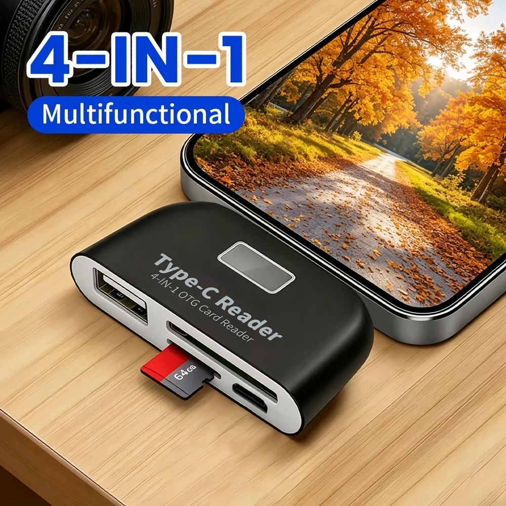 Type-C 4-In-1 Card Reader, OTG Phone Memory Extension Adapter, Compatible with SD/TF/USB Drive Readers