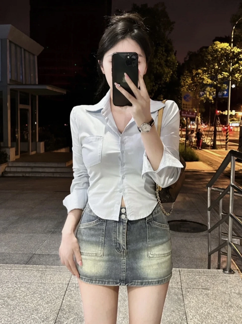 

Slim Fit Women's irt Pure Desire Waist-Cinching Design Spring 2024 Cotton Blend Long Sve Collar Button Detail