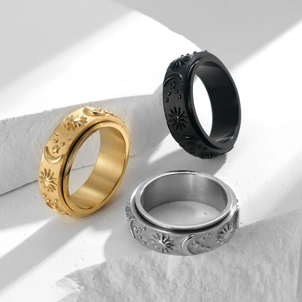 8MM Men Women Sun&Moon Spinner Fidget Ring Anti-anxiety Stainless Steel Rotatable Size#6-13