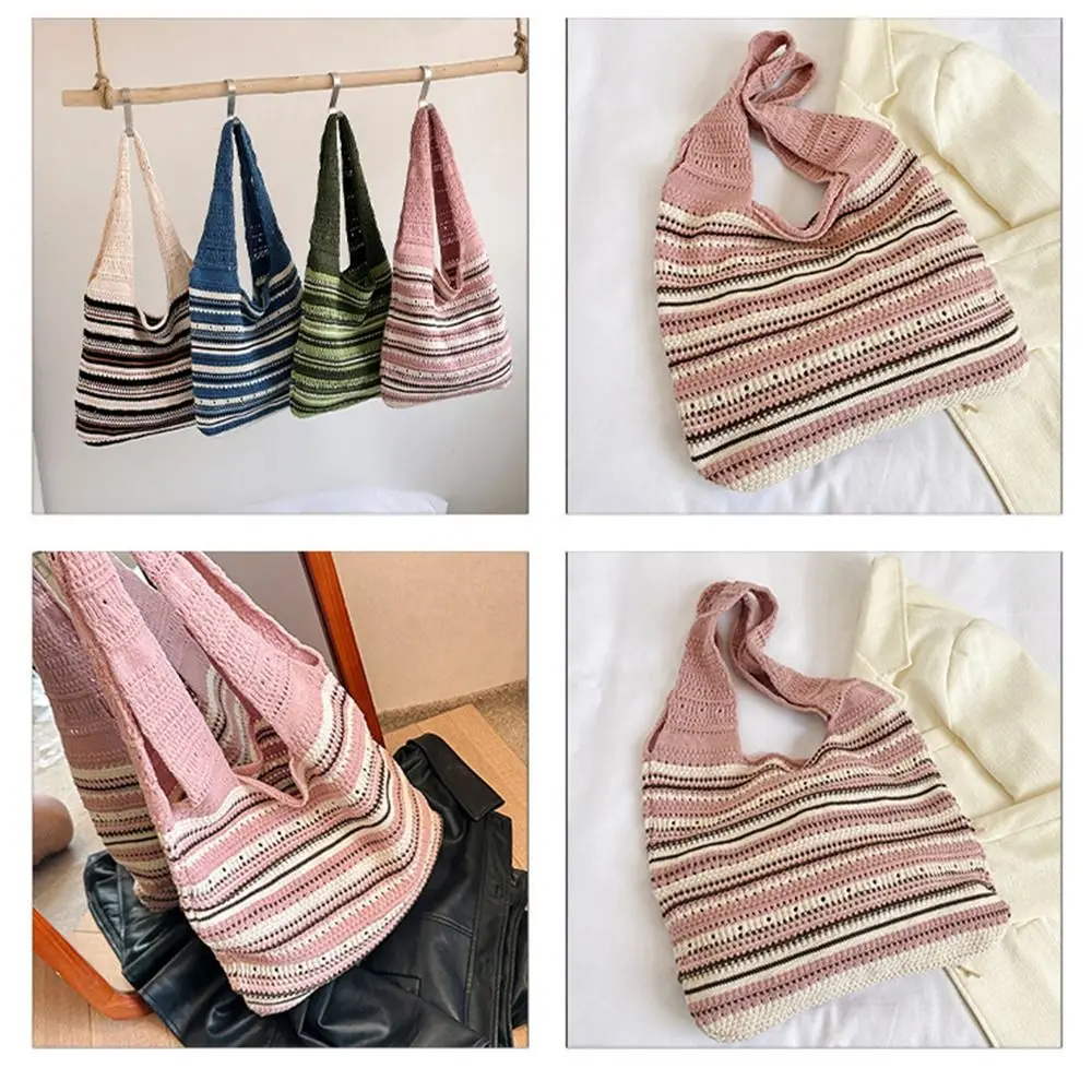 Knitted Shoulder Bags for Women Winter Crochet Bag Aesthetic Boho Knitting Handbags Shopping Tote Handbag Beach Bag