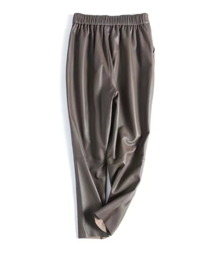 2023 Women New Fashion Genuine Sheepskin Harem Leather Pants Casual Loose High Waist Real Leather Pants E76