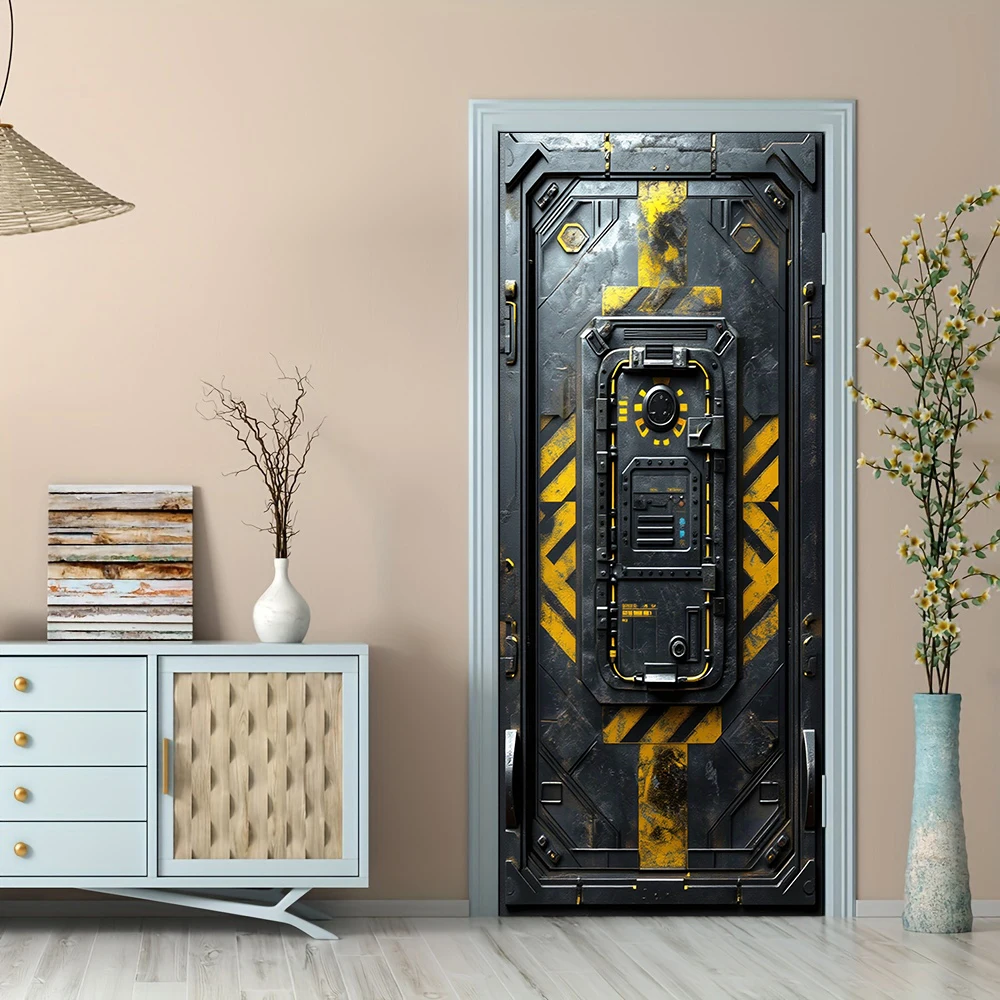 1 Piece of Industrial Style Cyberpunk Decorative Door Stickers, Retro Metallic Texture Warning Stripe Wall Stickers, Dormitory B