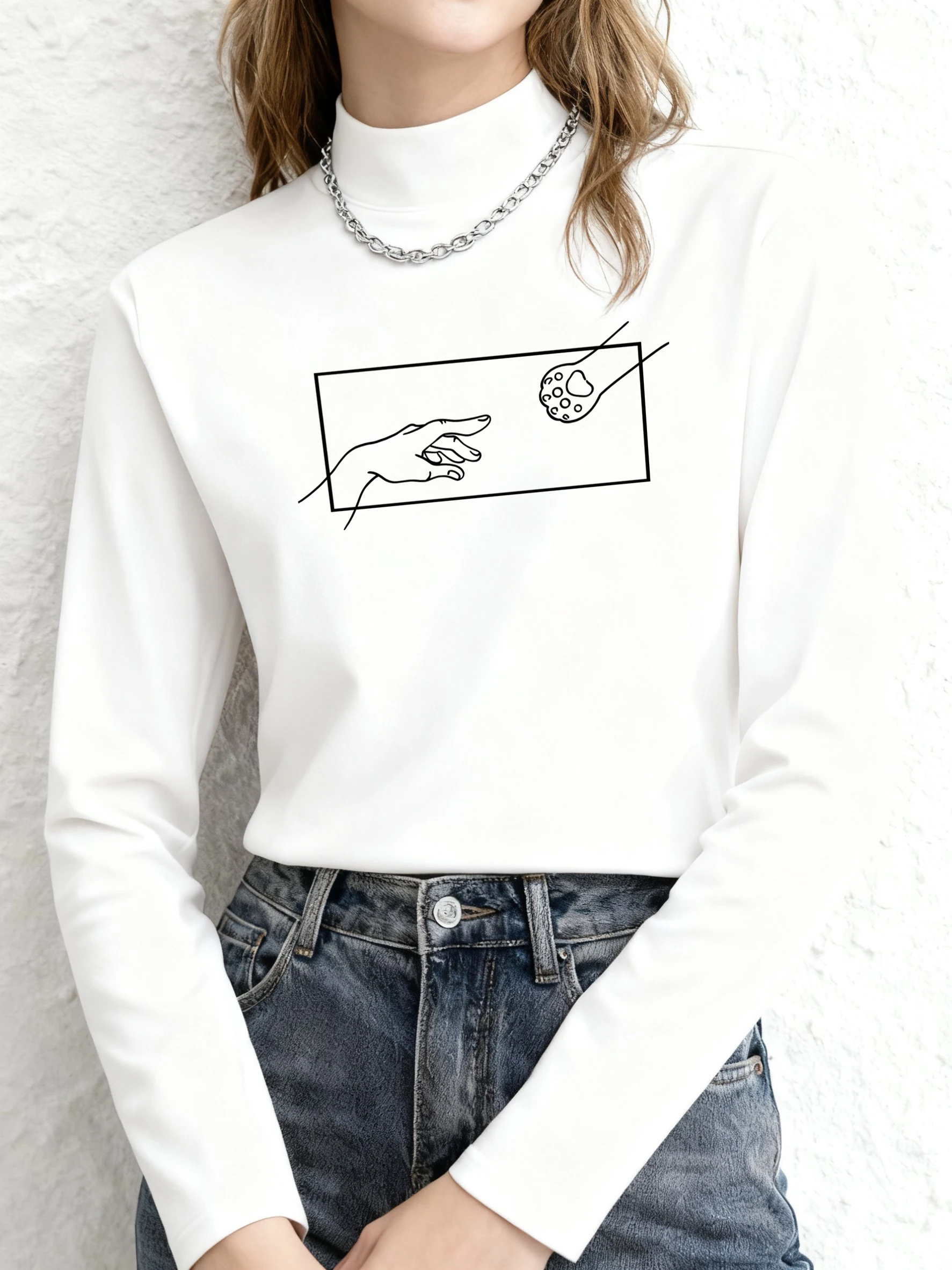 

The Redemption Of Pets Printing Women Basic Shirt Casual Long Sleeve Fleece Autumn Winter T Shirts Half High Neck Streetwear