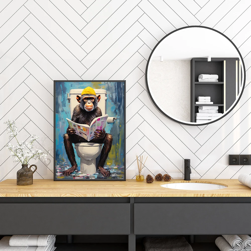 Śmieszne Zwierzęta Małpa Czytanie Gazety Na Toalecie Humor Plakaty Print Canvas Malarstwo Wall Art Obrazy Do Łazienki Home Decor