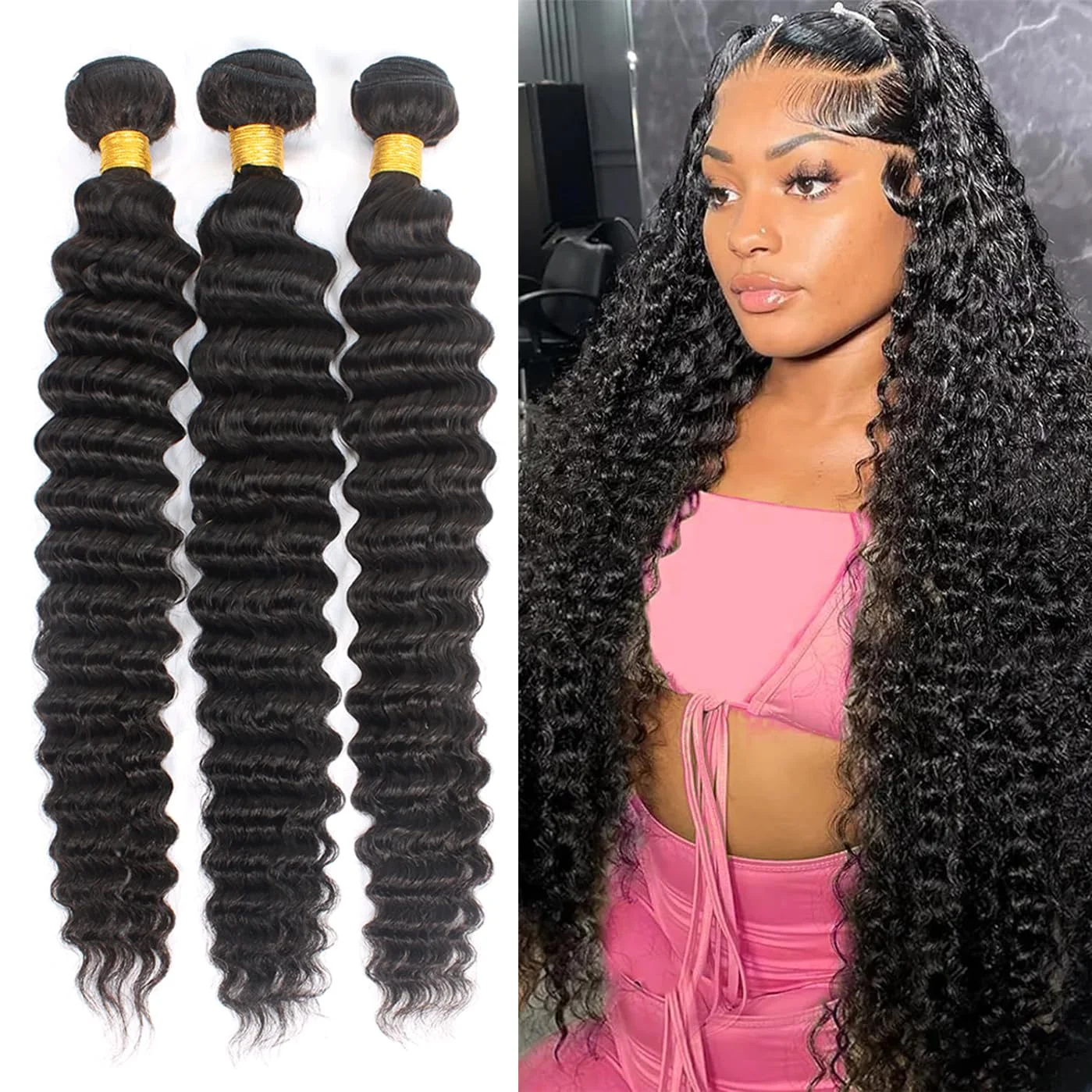 Deep Wave Bundles 100% Human Hair Deep Curly Bundles Human Hair Extensions Deep Wave 4 Bundles Weave Natural Color (18 20 22 24）