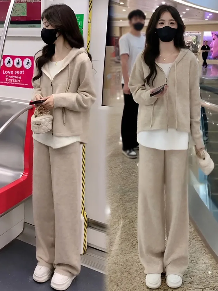 

Casual Knitted Sportswear Set Women's Loose Fit Two-Piece Hoodie Outfit Ele Sle Spring Autumn New Arrival