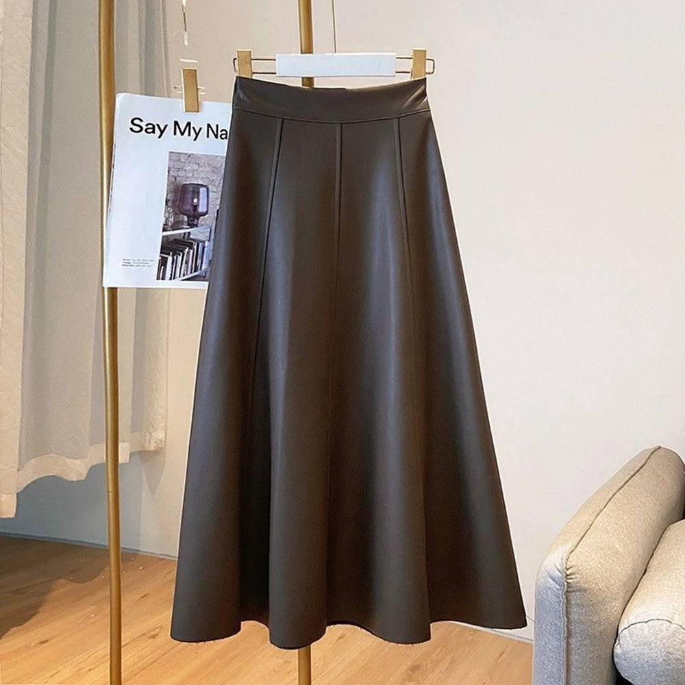 بلون بولي Leather جلد المرأة ميدي تنورة ألف خط منتصف العجل فستان عالية الخصر Pleather تنورة ريترو ستايل التنانير الشتاء التنقل اليومي