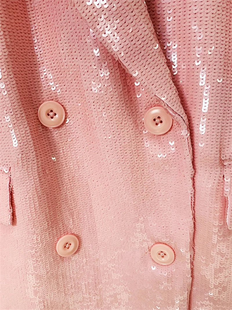 Sequins Glitter Double Breasted Women Suit Jacket Skirt Notch Lapels Suit Sweet And Fresh Loose Pink Long Sleeve Blazer In Stock