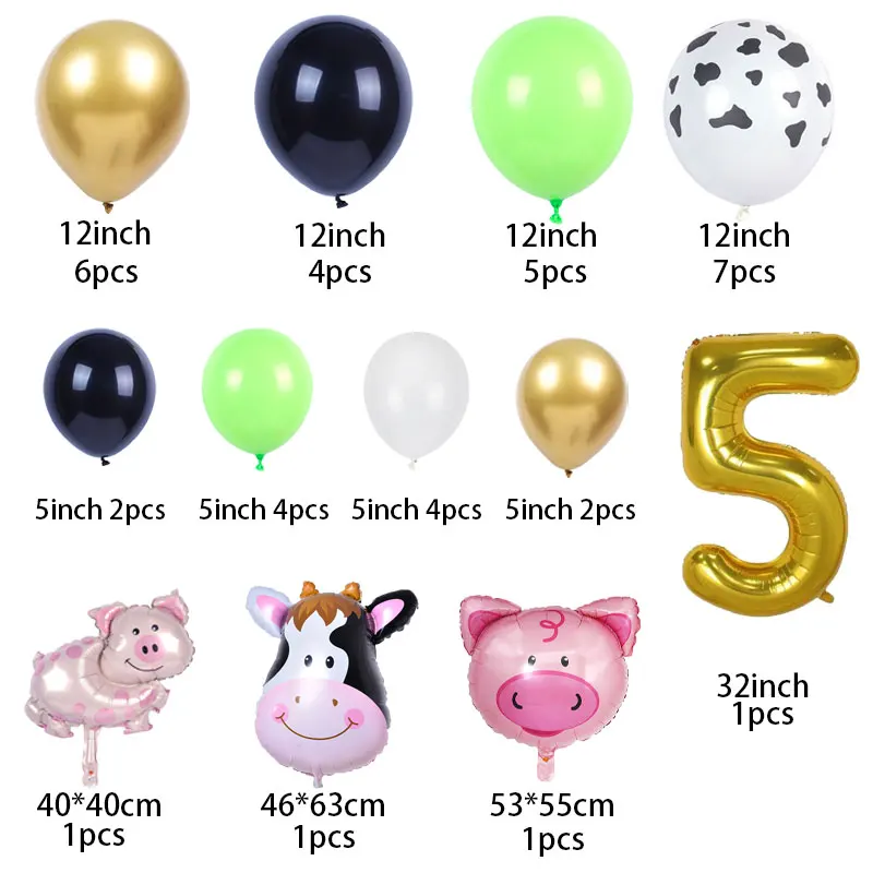 38pcs Farm Theme Birthday Party Balloons Set Cute Cow Pig Number Balloon Set Farm Party Kids 1 2 3 4th Birthday Party Decoration