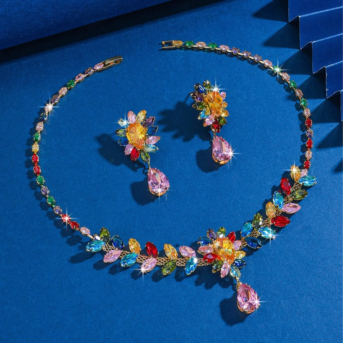 

Necklace set with fashionable trend zircon earrings, Instagram style, wheat-like charm, colorful accessories necklace