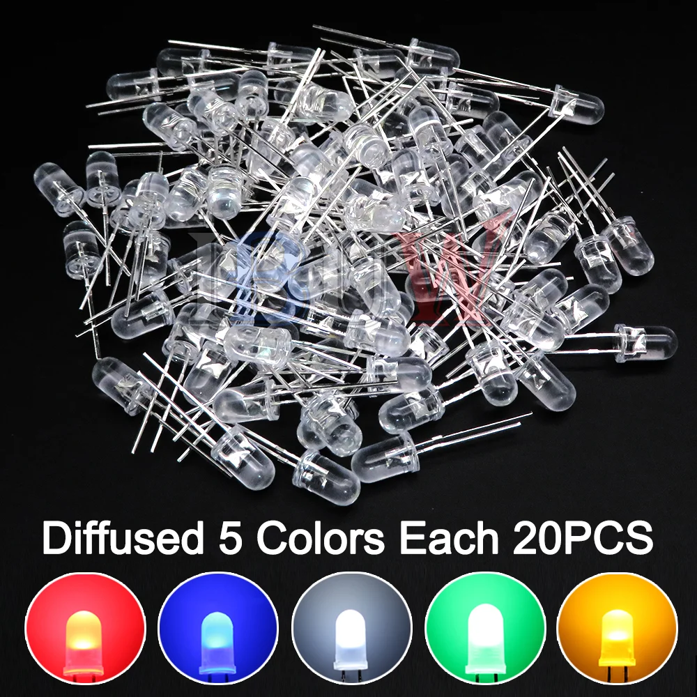 Assorted led diodo kit, 5mm, branco, verde, vermelho, azul, amarelo, laranja, rosa, roxo, branco quente, diy, 100 pcs/lot