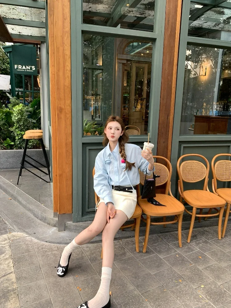 

Aaaaxbbb Женская свободная рубашка из хлопка в корейском стиле с длинным рукавом, на пуговицах, фиолетово-синяя, для работы, в стиле Seoul Private Garden