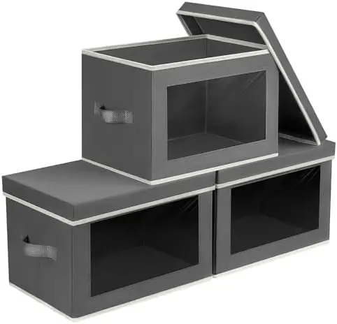 

Складные тканевые контейнеры для хранения с крышками - набор из 3 штук, темно-серые, с окном для организации пространства в шкафу