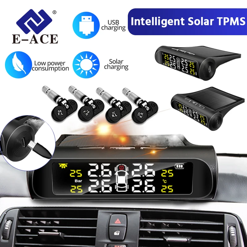 

E-ACE Solar TPMS Car Tire Monitor Tire Pressure Sensor Auto Security Alarm Systems Digital Display Tyre Pressure 4 Tire Pressure