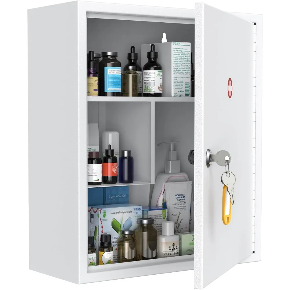 Wall Mount Medicine Cabinet with Key Lock Large Capacity Secure Steel Storage Box White