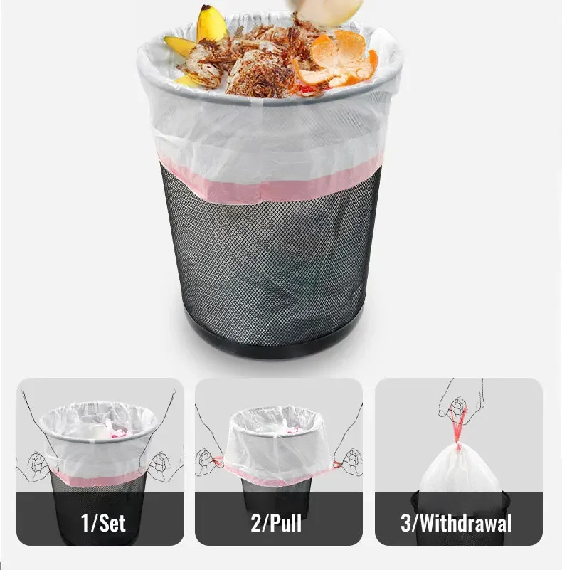 Garbage Bag with Drawstring Household Disposable Transparent Garbage Bag Kitchen Dormitory Living Room Use Three Sizes Selection