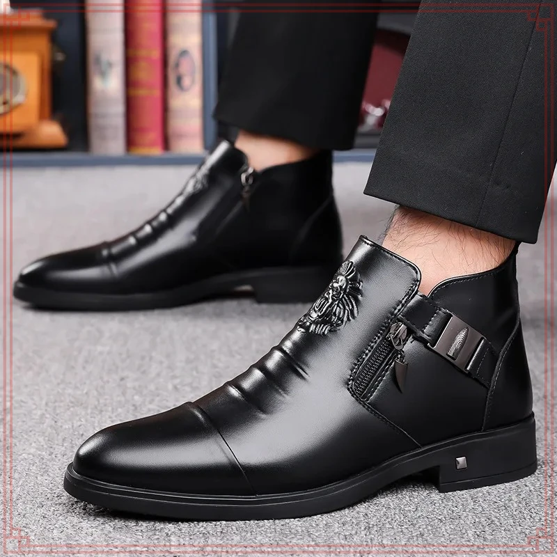 

Men's Business Boots Winter Comfortable Velvet Snow Boots Fashion Ankle Non Slip Leather Shoes for Men British Punk Knight Boots