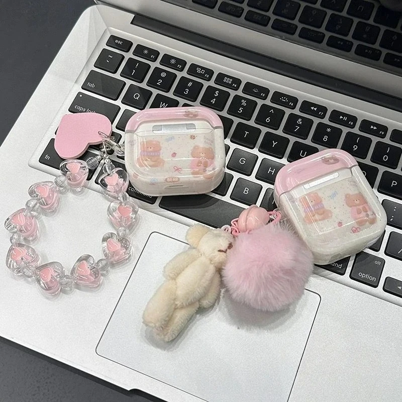 Cute Cartoon Bear Headphone Case For AirPods 4 Pink White Girl Funny For AirPods 1 2 3 Pro 2 AirPod Case with Love Chain
