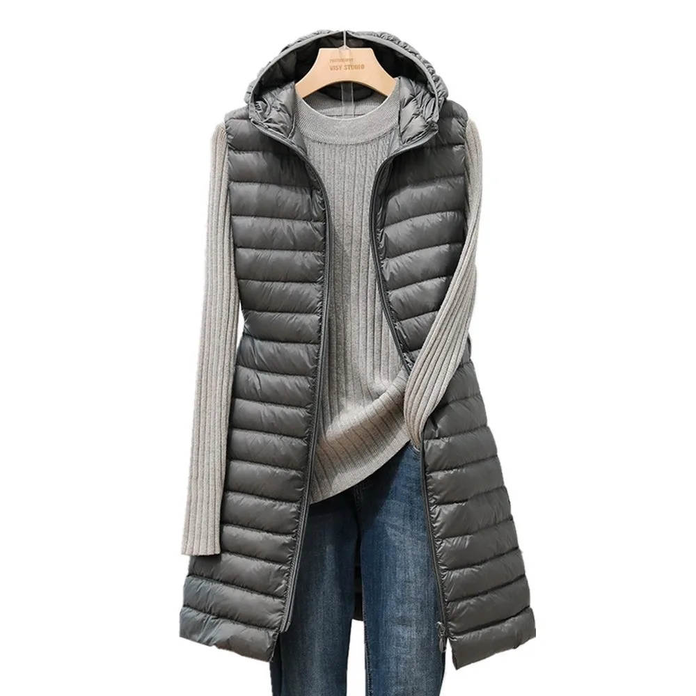 Down Cotton Vest Jacket Light Waistcoat Women\'s Long Hooded Sleeveless Jackets Slim Female Vests New Autumn Winter Tops Outwear