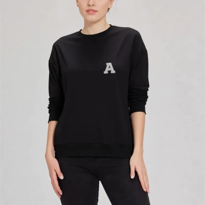 

202, осенне-зимняя женская футболка с длинным рукавом и жемчужным буквенным принтом, уличная повседневная футболка с круглым вырезом, свободная теплая повседневная футболка Y2k