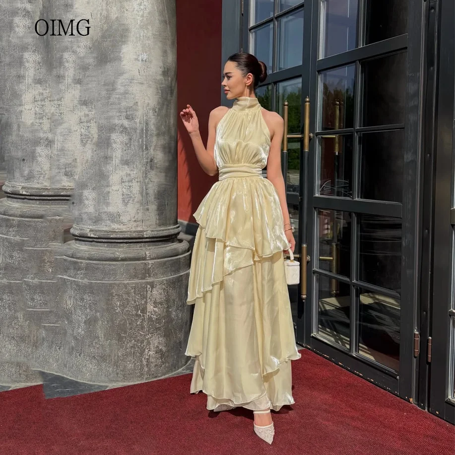 

OIMG Pastrol Yellow Halter A Line Prom Gowns Ruffled Pleated Party Gown Floor Length Evening Dress vestidos de gala Customized