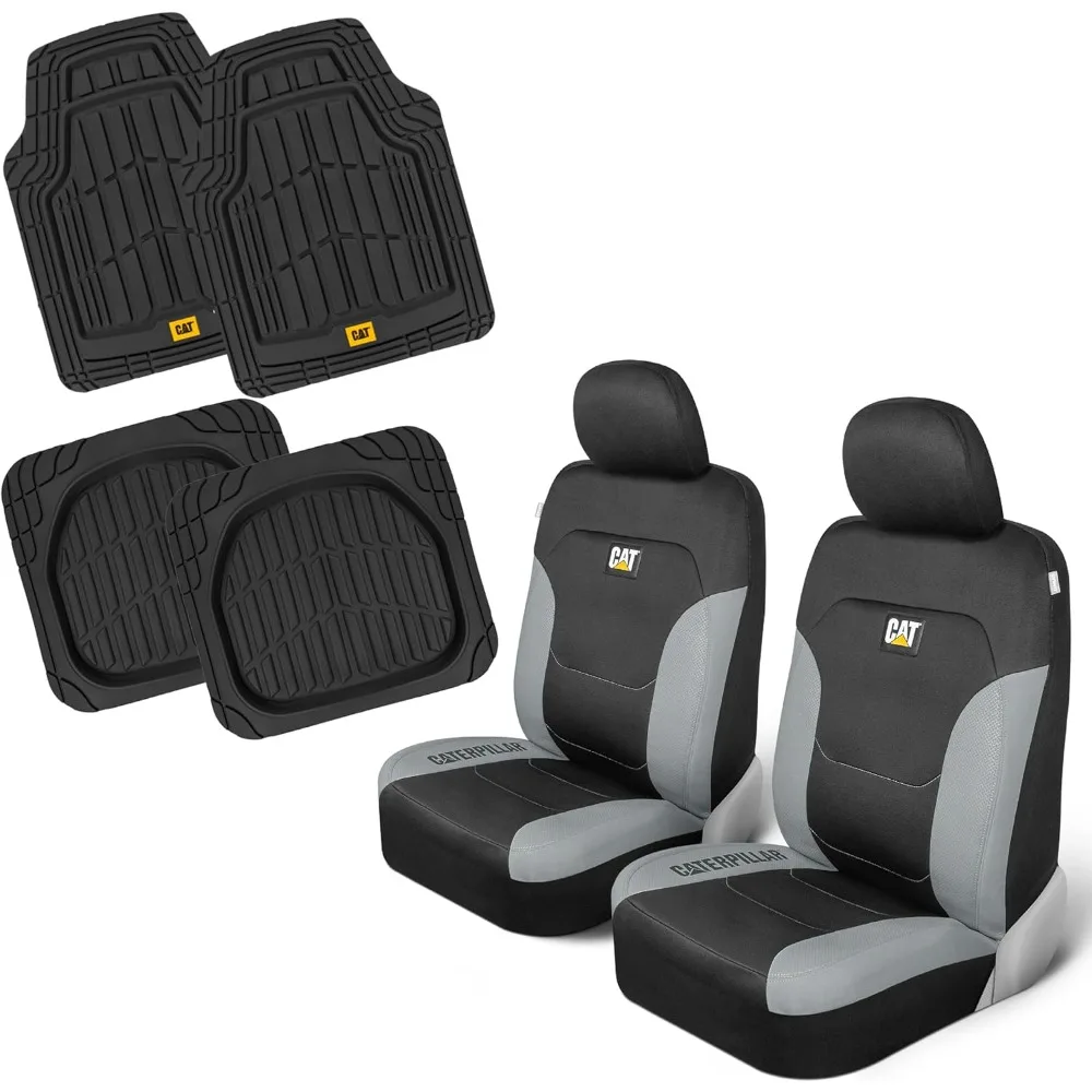 

Universal Fit Car Front Seat Covers (2-Pack) and 4-Piece Heavy Duty All Weather Floor Mats - Trim to Fit Protection