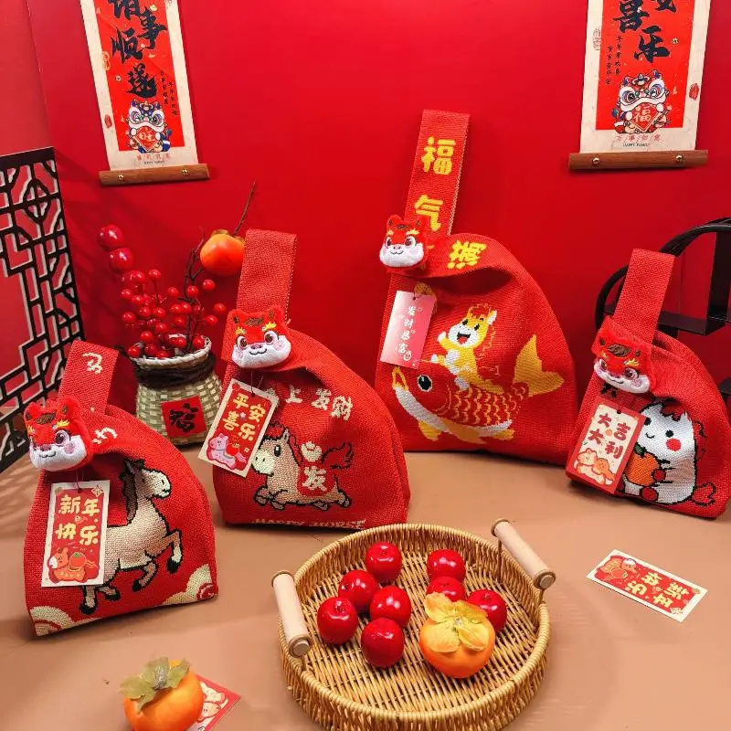 

Year Of The Horse Red Wrist Handbag Cartoon Mascot Pony Knitted Candy Tote Bag Reusable Shopping Bag Gift Packaging Bag