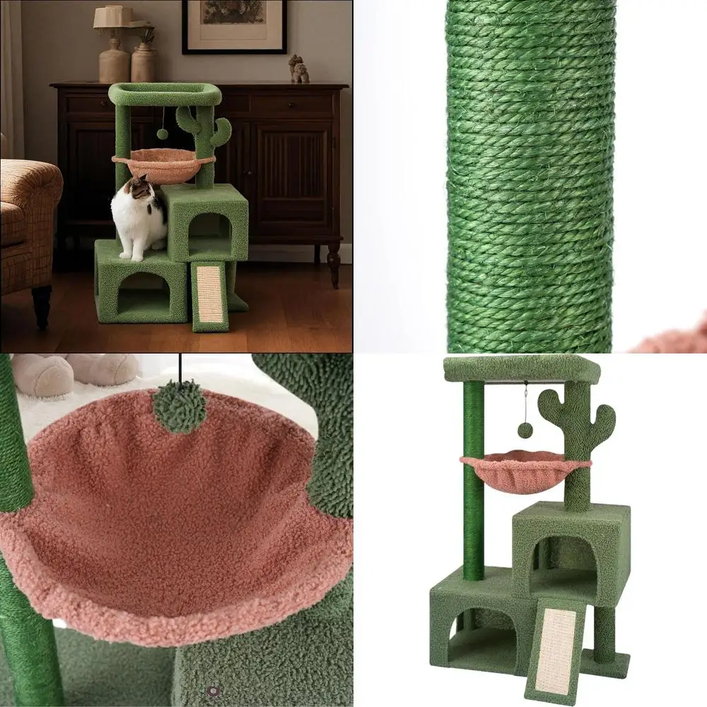

Кошачья лежанка-башня для дома с двумя домиками, когтеточкой, спальной площадкой, гамаком и игрушечными шариками, зеленая