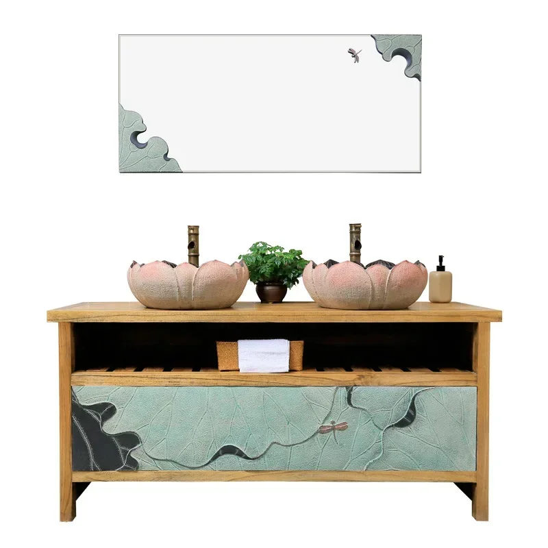 A New Chinese Style Bathroom Cabinet Combination Table Double Basin Hand Washing Bathroom Cabinet Washstand