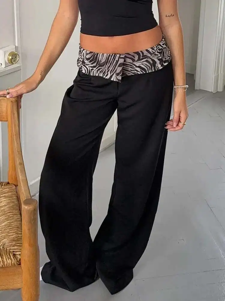 

Absobe Polka Dot Patchwork Loose Casual Pants Women's Contrasting Mid Rise Elegant Office Lady Trousers Fashion Commuting Outfit