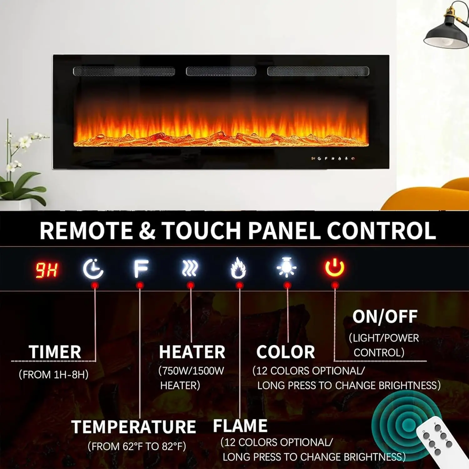 Chimenea eléctrica, chimenea eléctrica empotrada/montada en la pared de 50 pulgadas de ancho, control remoto con temporizador, llama de 12 colores ajustables