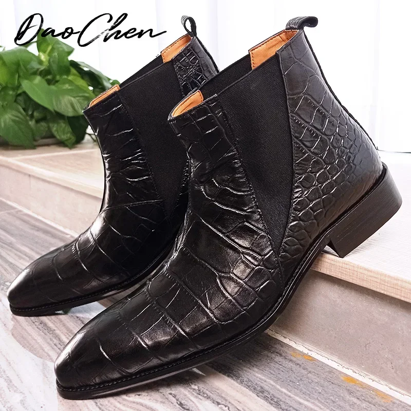 LUXURY BRAND MEN\'S BOOTS GREEN BLACK CROCODILE PRINT ANKLE BOOTS CASUAL DRESS MEN SHOES OFFICE WEDDING LEATHER BOOTS MEN