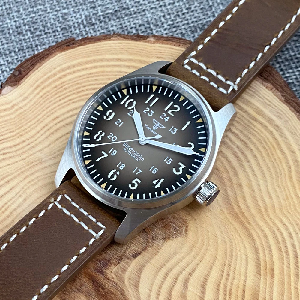 39mm Pilot Tandorio Retro Gray Red Blue Watch For Men 200m Waterproof Green Luminous NH35A PT5000 Automatic Brown Leather Strap