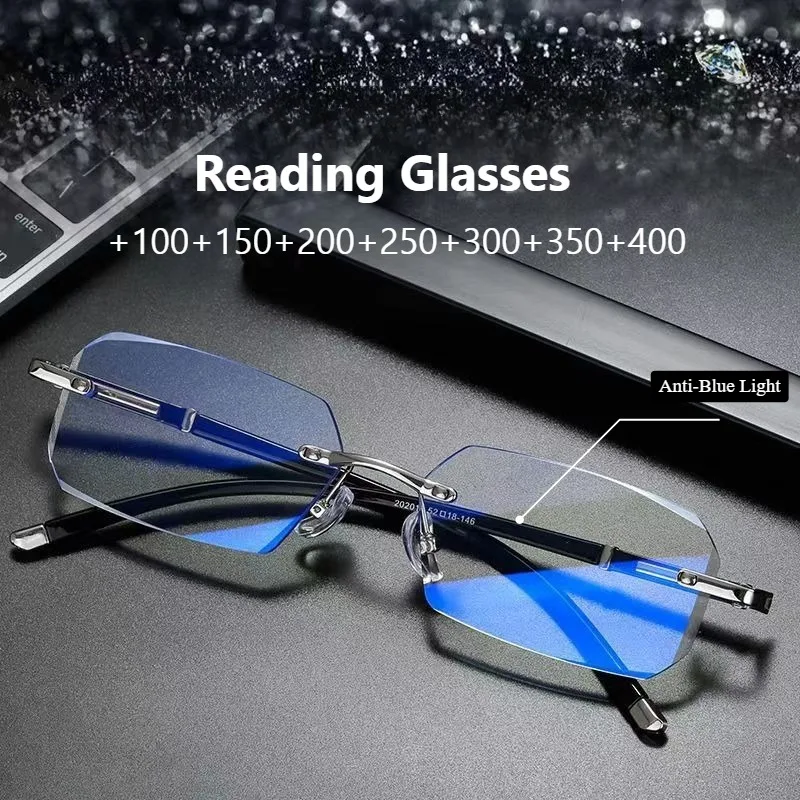 Fashion Cut Edge Diamond Reading Glasses Men Women Blocking Blue Light Readers Rimless Anti-blue Light Presbyopic Glasses+1.0~+4