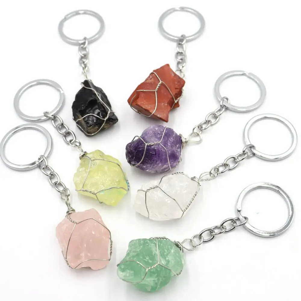 Natural Rough Raw Stone Crystal Quartzs Keychain Women Men Handbag Hangle Car Key Holder Raw Mineral Stone KeyRing Jewelry