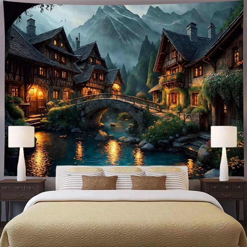 VIKAMA Whimsical River And Cottage Illustration Tapestry, Artistic Wall Hanging for Bedroom and Living Room Home Decoration