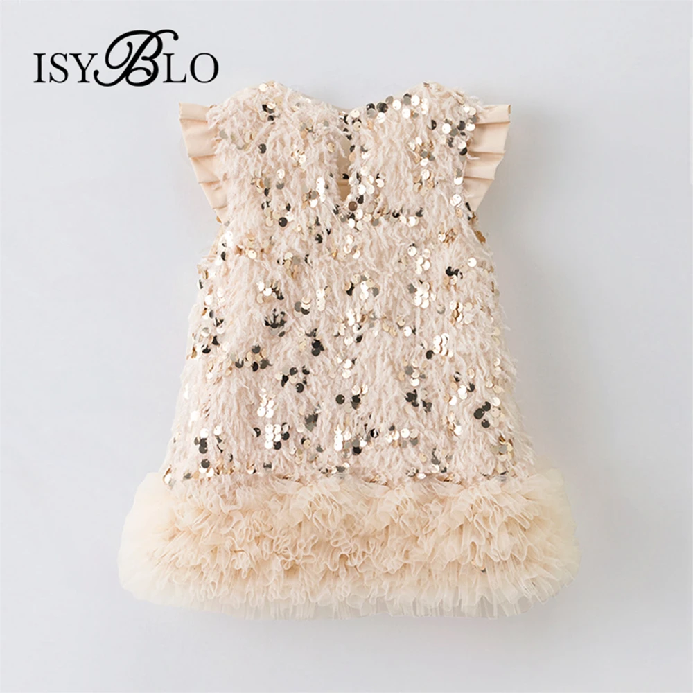 Sequined Dress for Chidren with Bow Beige Tutu Dresses from for Girls from 90-130cm Tall Real Images Christmas Party Gowns