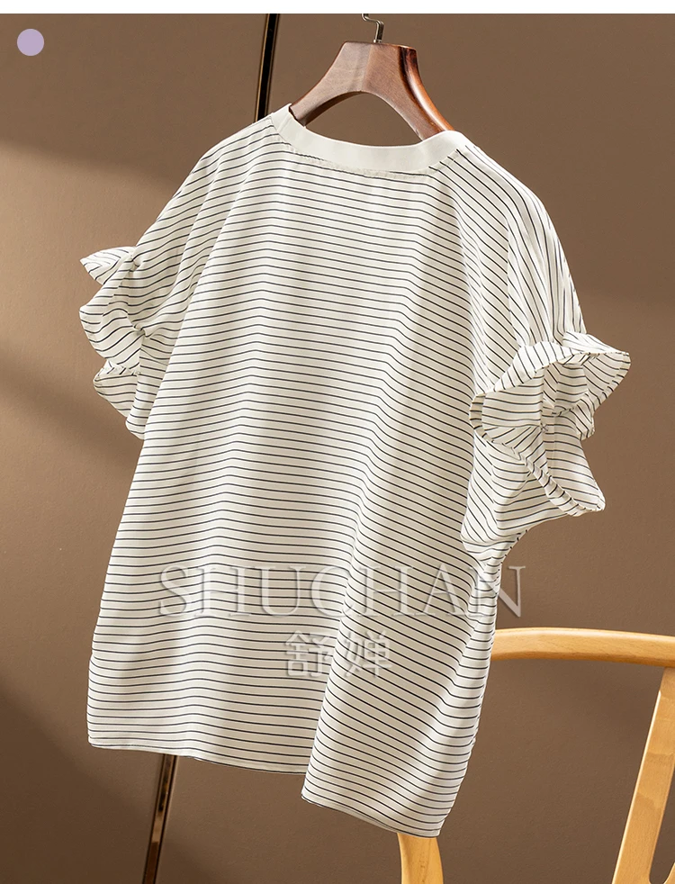 قميص نسائي جديد رائع للتنقل فاخر بتصميم مخطط من الحرير بأكمام برعم 04E2 Blusas Mujer De Moda Verano