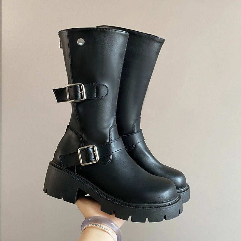 جديد 2025 النمط البريطاني مشبك منتصف الفخذ الأحذية النسائية جولة تو البريدي كتلة كعب منصة أحذية فارس الغربية