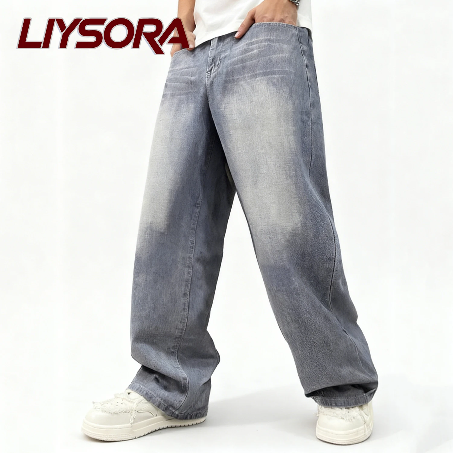 

Men's American Retro Washed Polished White Baggy Wide Leg Jeans Daily Business Leisure Unisex Loose Denim Pants Unisex Clothes