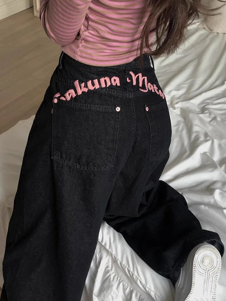 

Sweet And Cool Letter Print Embroidery Denim Pants High Waist Slimming Long Trousers for Women Spring New Style Casual Jeans