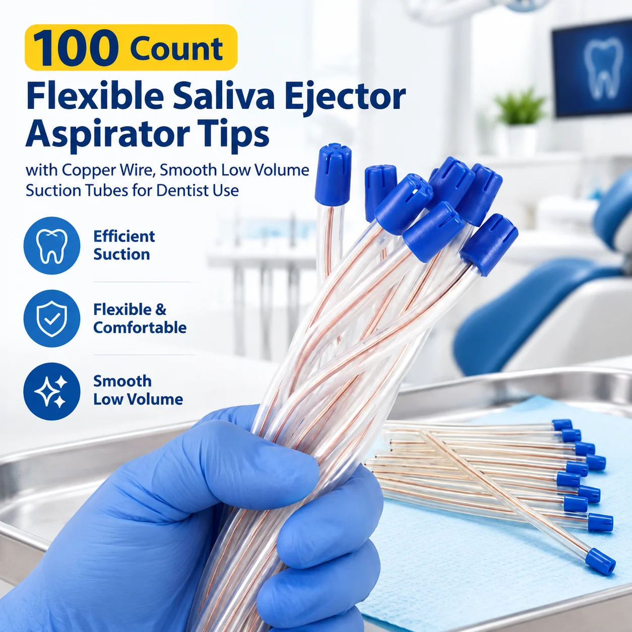 100 Count Flexible Saliva Ejector Aspirator Tips with Copper Wire, Smooth Low Volume Suction Tubes for Dentist Use