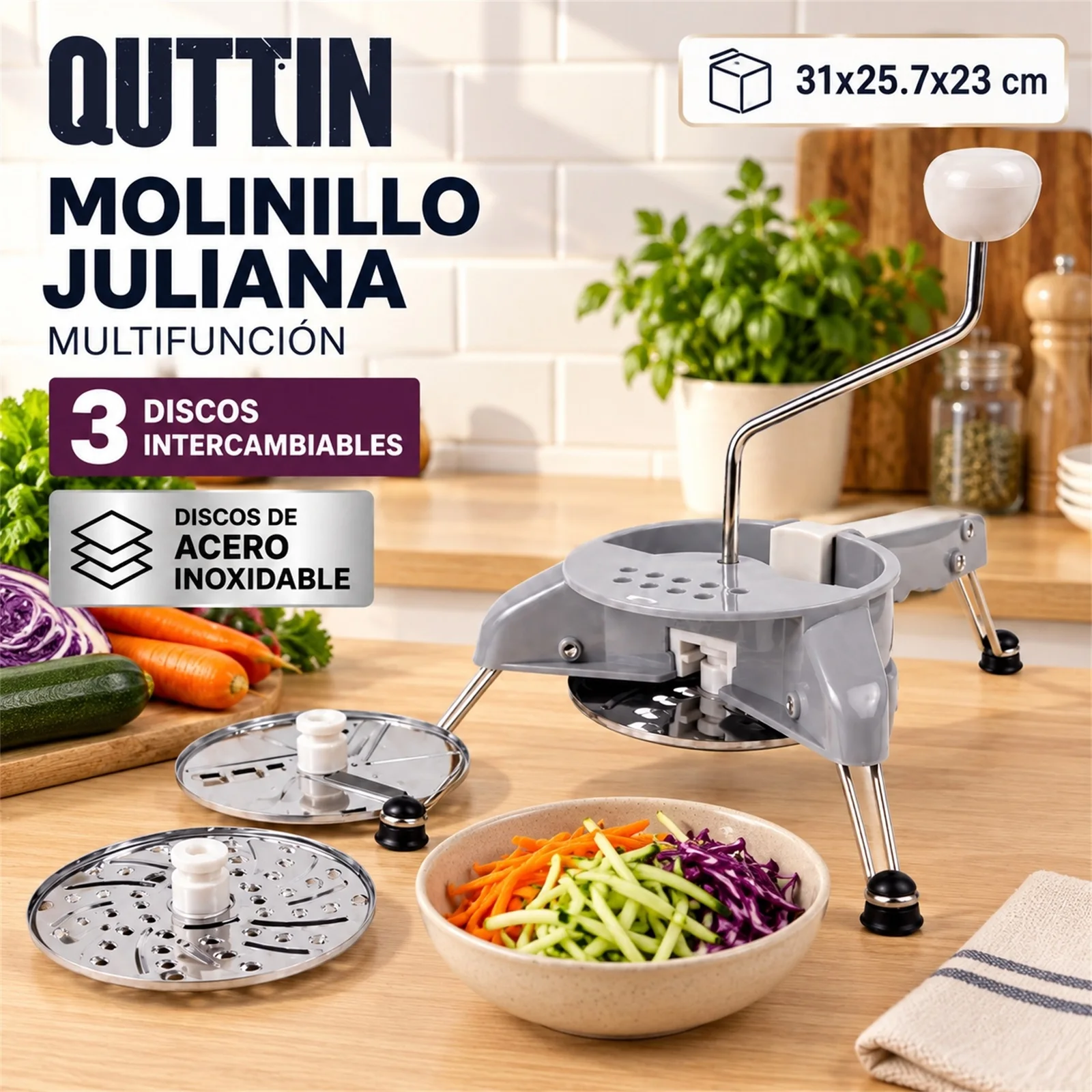 Quttin, trancheuse à julienne en acier inoxydable avec 3 disques interchangeables pour trancher et râper, coupe-légumes manuel avec pieds pliables et manivelle ergonomique, 31x25,7x23 cm.