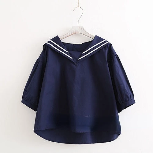 KUSAHIKI Sweet Stripe Sailor Collar Blouse Tops Causal Half Sleeve Woman Shirts 2023 Summer New Korean Pullover Blusas De Mujer