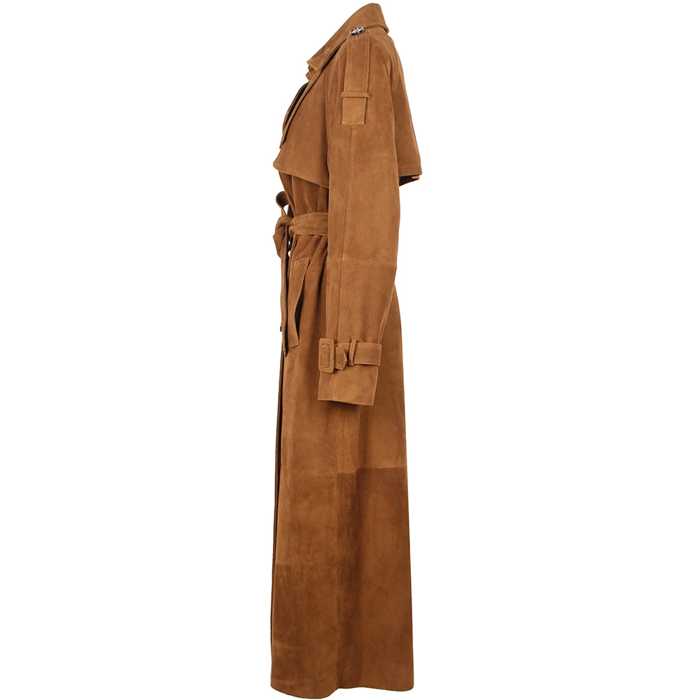 YOLOAgain Double Breasted Suede Jacket Coat Women Real Leather Trench Coat