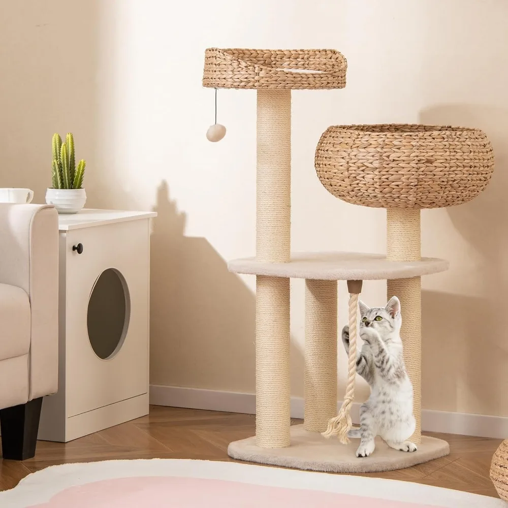

Modern Cat Tree, Tall Cat Tower with Natural Sisal Scratching Post,Hand-Made Wicker Cat Condo & Top Perch,Funny Hanging Toy Ball