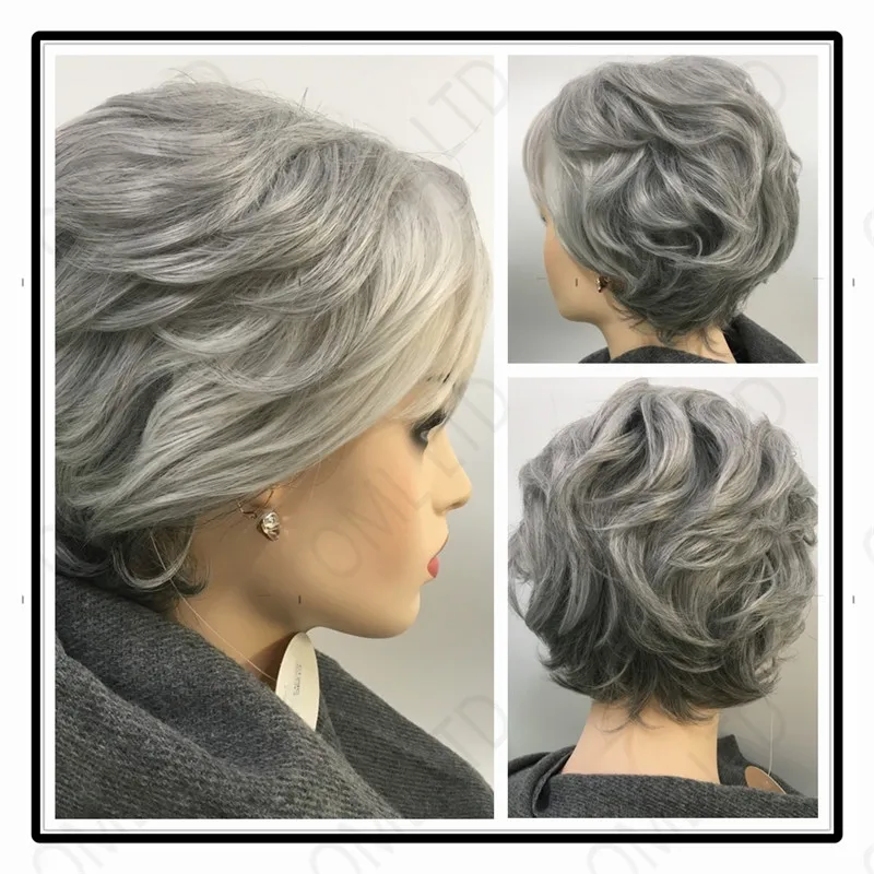 Cute Mommy Wig Short Curly Synthetic Hair Grey Color Soft & Healthy Wave Heat Resistant Fancy Dress Party Wig for Women Perucas