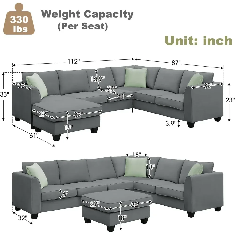 7 Seats Fabric Modular Sectional Sofa with Movable Ottoman, Corner Couch Set with 3 Pillows for Living Room, Apartment.