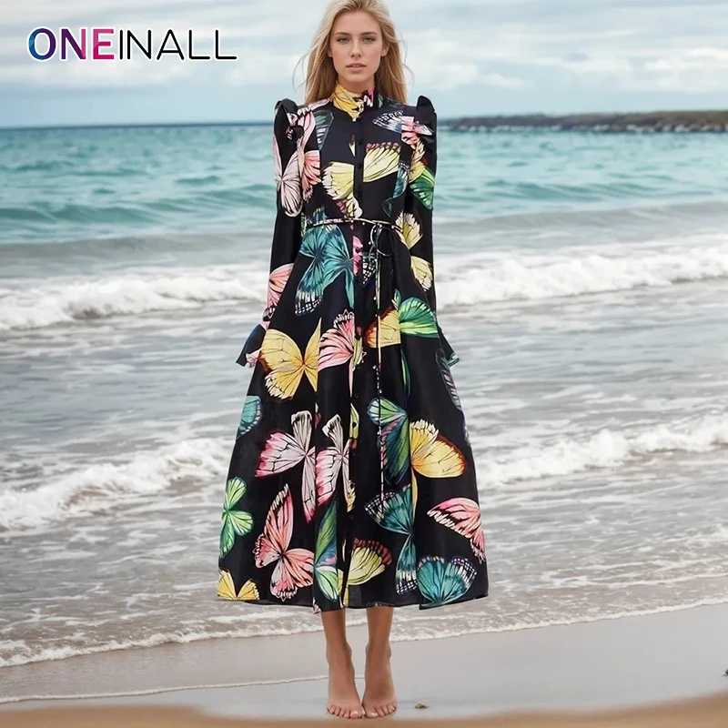 

ONEINALL Colorblock Print Midi Dressses For Women Stand Collar Long Sleeve High Waist Patchwork Single Breasted Dress Female New